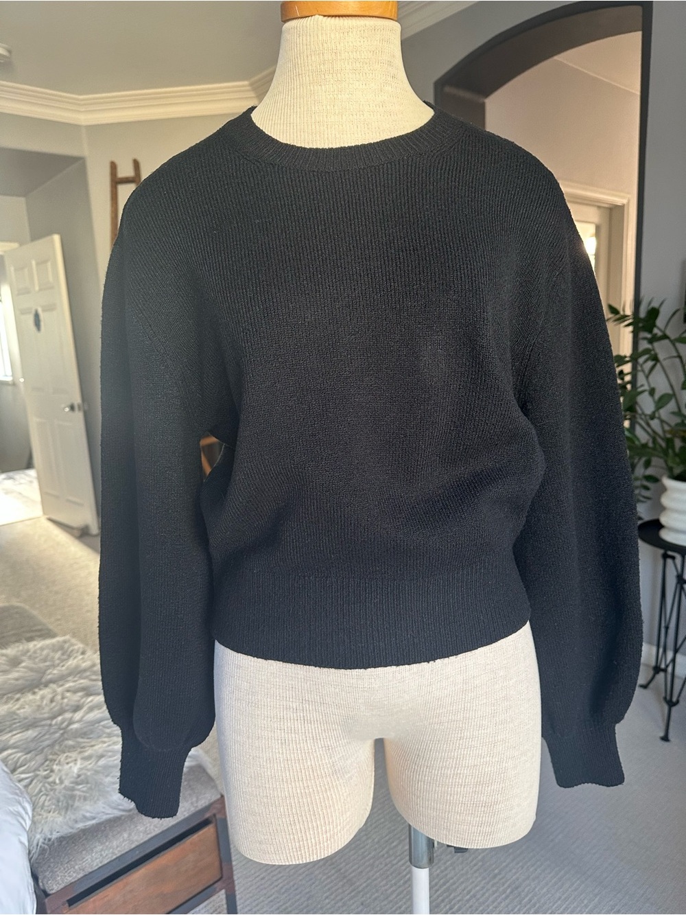 & Other Stories Black Crewneck Sweater with Balloon Sleeves, size small